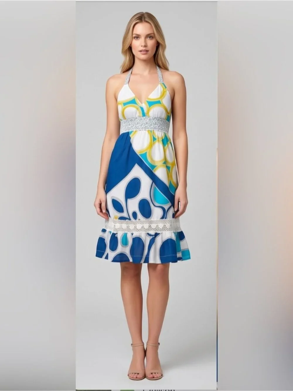 ROXY Geometric Abstract Halter Dress Crochet Lace Trim Ruffle Blue Yellow - Picture 1 of 8